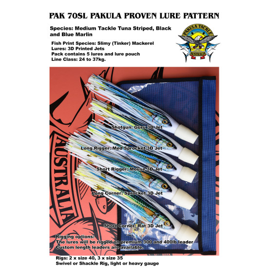 PAK 70 - Slimy (Tinker) - Medium Tackle Stripes and Blues 15kg to 24kg - 30lb to 50lb Line Class With Outriggers